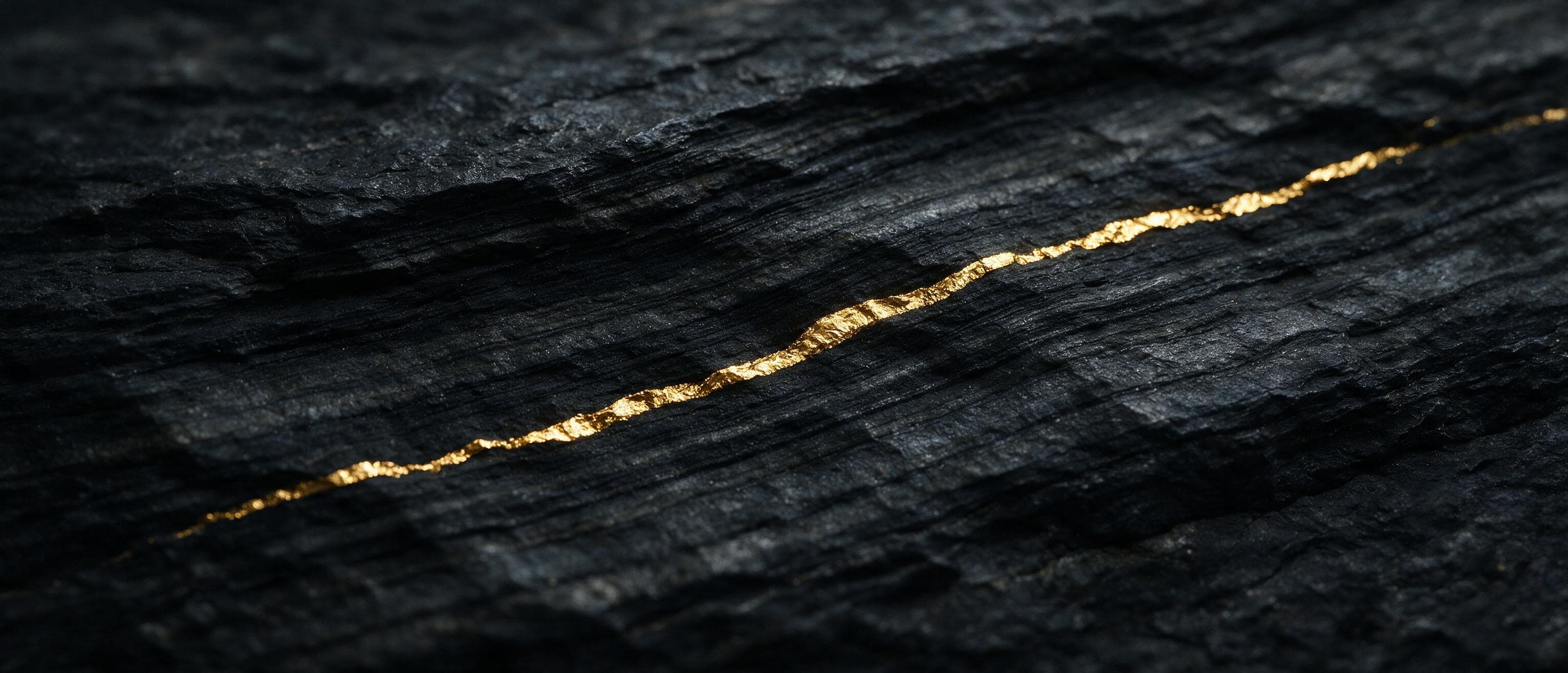 A bright gold vein running through layers of dark rock