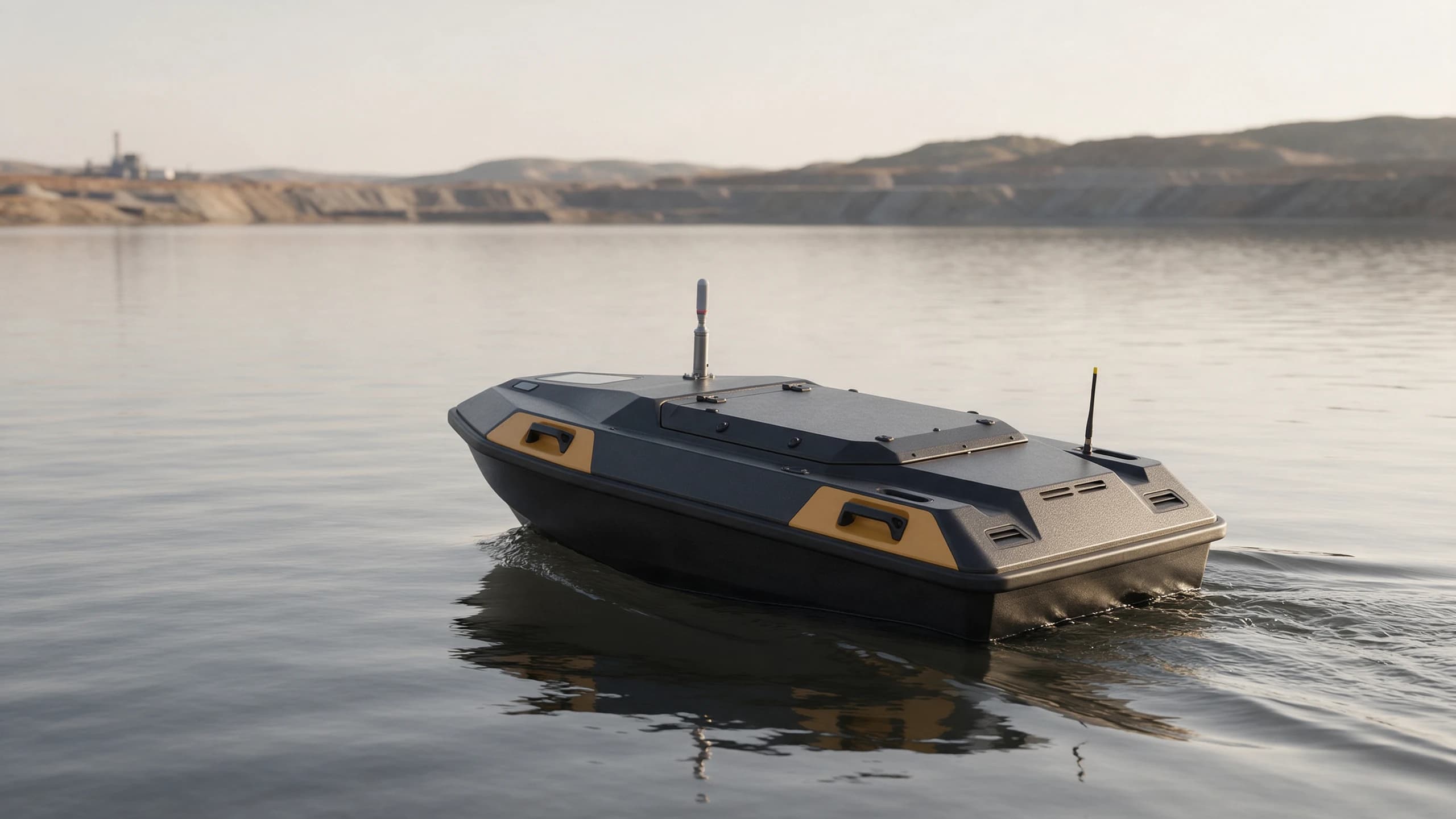 Design concept of a compact graphite and gold uncrewed survey boat on a generic tailings pond